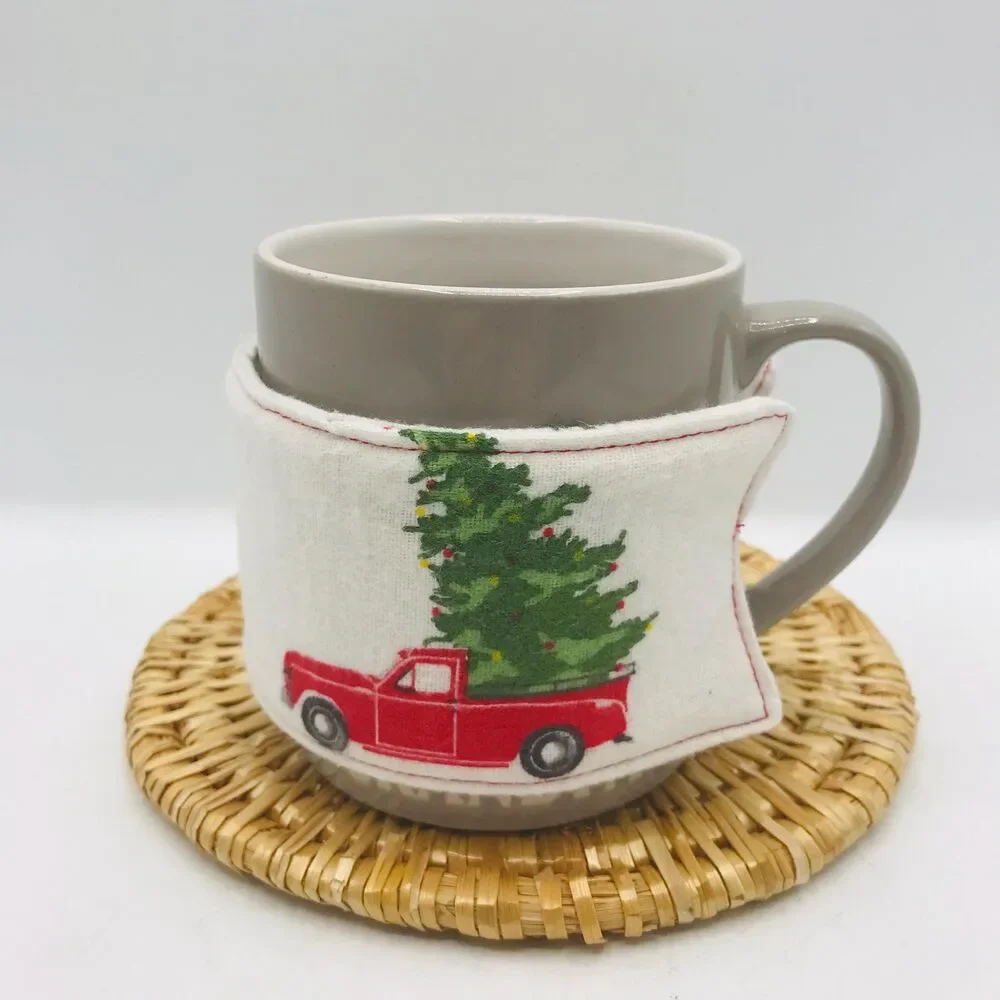 Handmade Mug Cozy, Flannel Little Red Truck, Hot Beverage Cozy, Stocking Stuffer
